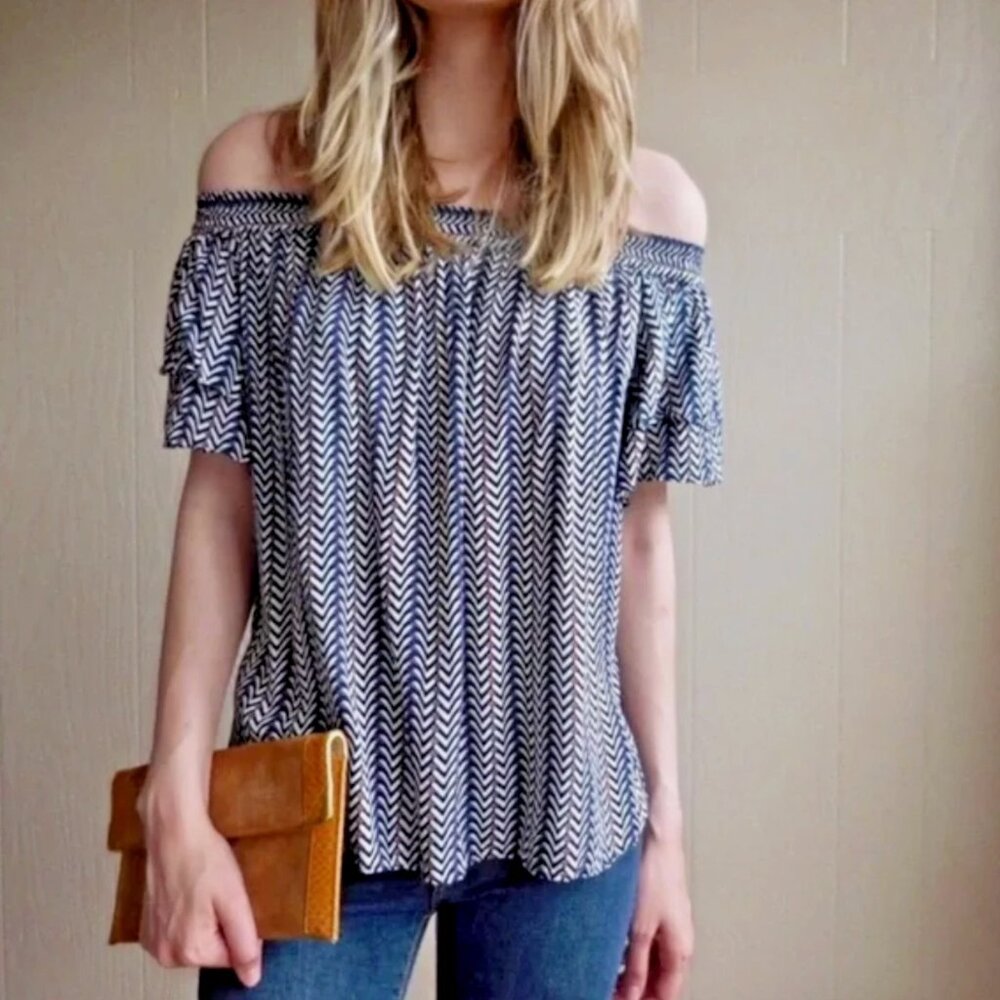 Sunday In Brooklyn Large L Anthropologie Black Blue Zig Zag Off The Shoulder Top